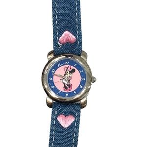 DISNEY MINNIE MOUSE WATCH WITH DENIM BAND WITH STITCHED PINK HEARTS
